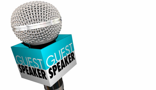 orador invitado bienvenida introducción micrófono 3d ilustración - huésped fotografías e imágenes de stock