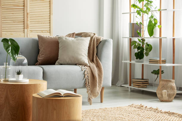 moderna sala de estar en estilo natural y botánico - sofa fotografías e imágenes de stock