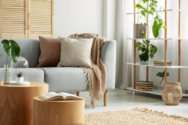modern living room in natural, botanical style - artigo de decoração imagens e fotografias de stock
