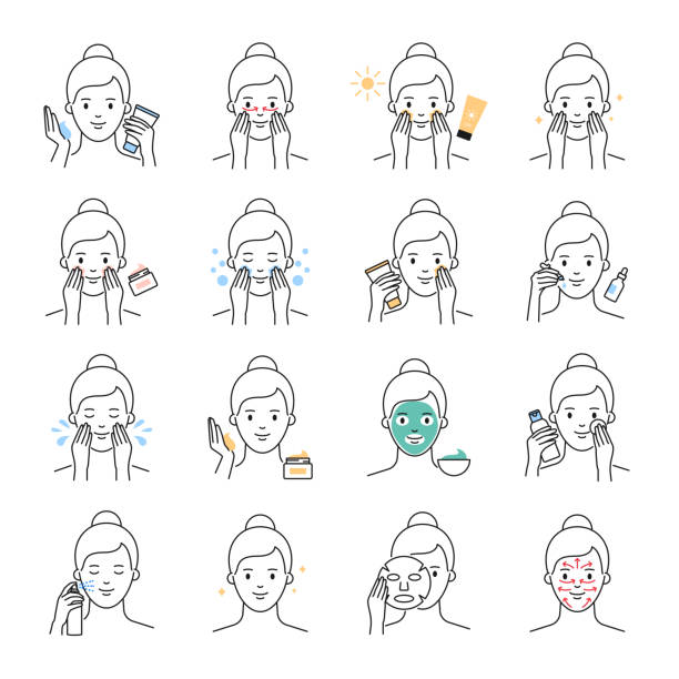 ilustrações, clipart, desenhos animados e ícones de cuidado de pele diário, ícones do vetor do tratamento da beleza ajustados - facial massage human face women beauty