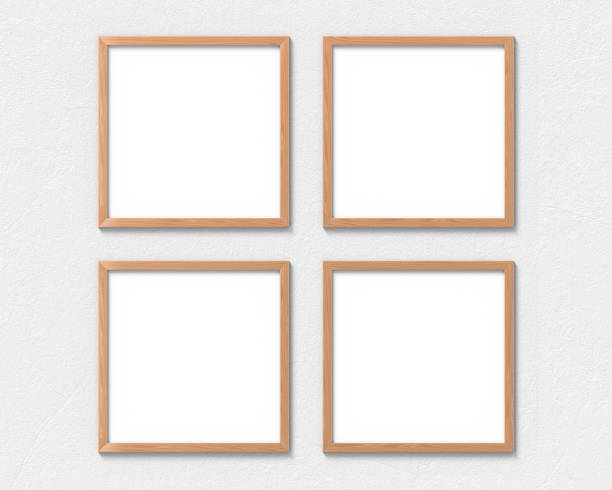 istock Set of 4 square wooden frames mockup hanging on the wall. Empty base for picture or text. 3D rendering. 1161180453