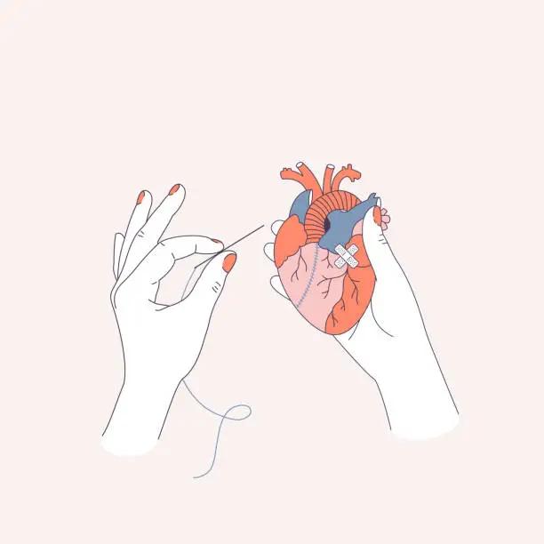 Vector illustration of Woman hands repair broken anatomical heart with the needle.