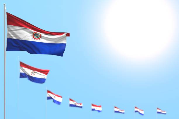 pretty celebration flag 3d illustration\n - many Paraguay flags placed diagonal with soft focus and free place for your content