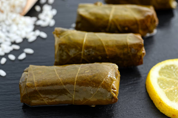 stuffed grape leaves - dolmades imagens e fotografias de stock