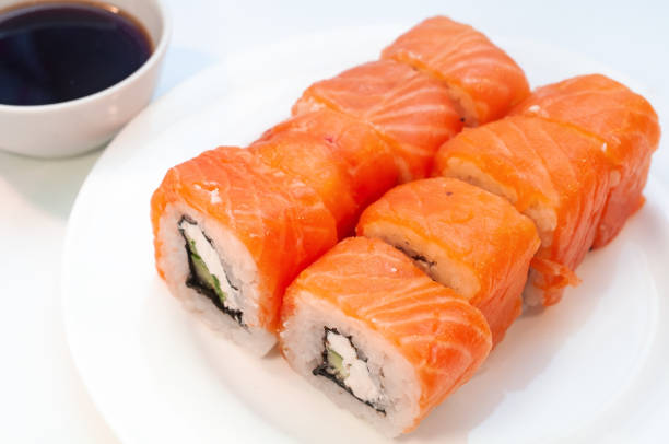 istock Rolls with salmon soy sauce on a plate 1161182076
