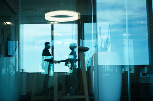 Silhouetted shot of two businesspeople shaking hands in an office