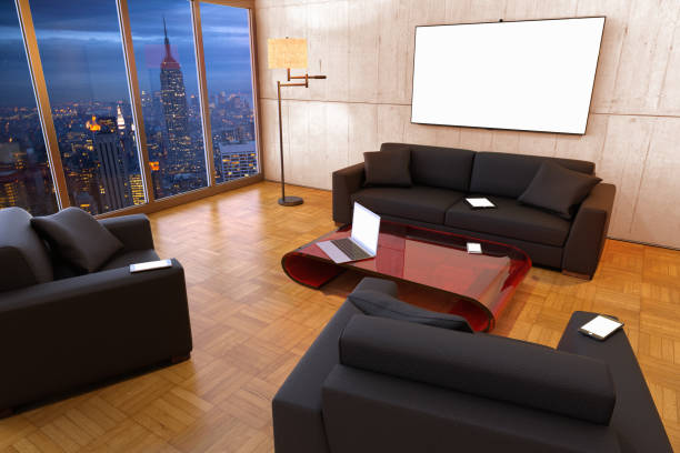 Large luxury modern bright interiors Living room mockup illustration 3D rendering image