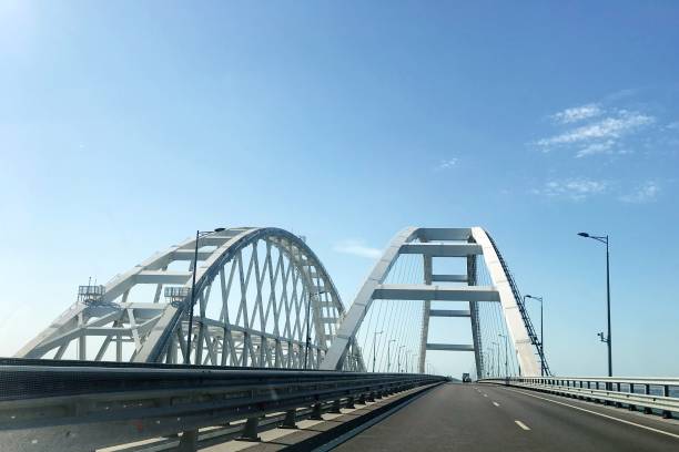 Crimean bridge. Road bridge connecting the banks of the Kerch Strait between Taman And Kerch stock photo