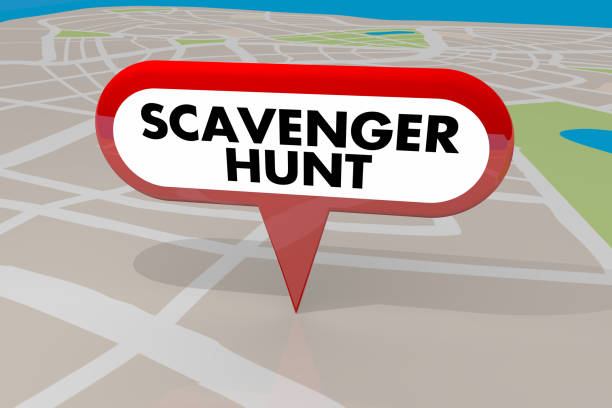 scavenger hunt juego encuentra objetos ocultos mapa pin 3d ilustración - scavenger hunt fotografías e imágenes de stock