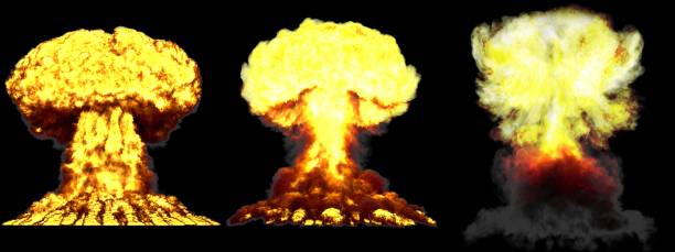 istock 3D illustration of explosion - 3 large high detailed different phases mushroom cloud explosion of thermonuclear bomb with smoke and fire isolated on black 1161185447