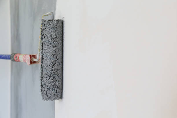 istock Paint roller. Painting with gray paint over a white wall 1161185674