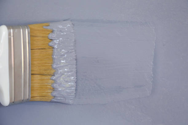 istock Man painting with a paintbrush over a grey wall 1161185798