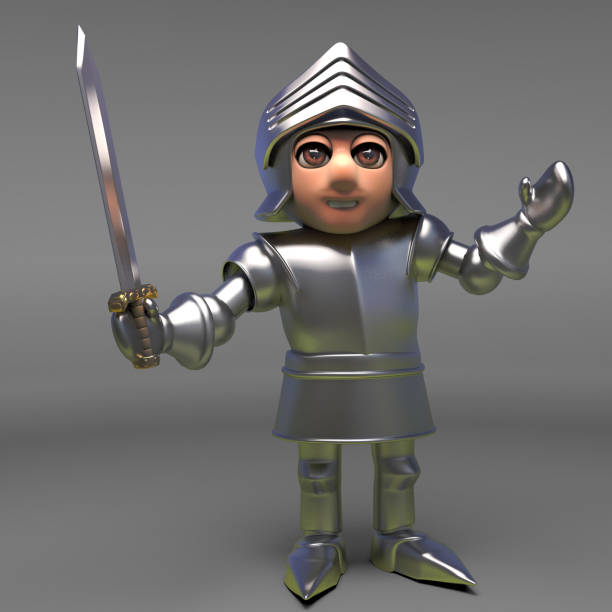Brave medieval knight in armour defends with his sword, 3d illustration render