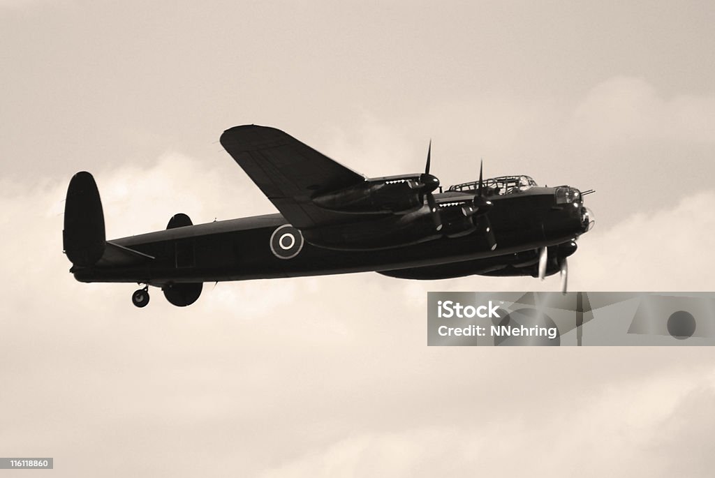 British Avro Lancaster World War II bomber airplane British World War II bomber in dark paint for nighttime bombing missions. Avro Lancaster. Horizontal Stock Photo