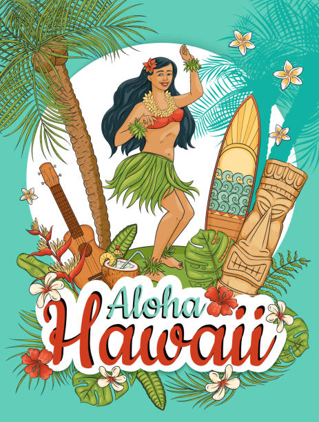 hawaiianische frau stehen tanzen hula umgeben von palmen und blumen cartoon-stil - carved rock stock-grafiken, -clipart, -cartoons und -symbole