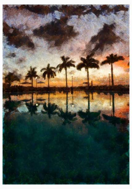 istock palm trees pool Miami Florida - Digital manipulation 1161189884