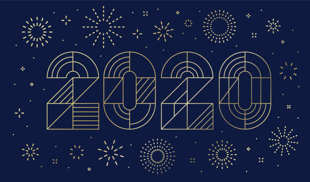 neujahrskarte 2020 mit feuerwerk - decoration celebration vector year stock-grafiken, -clipart, -cartoons und -symbole