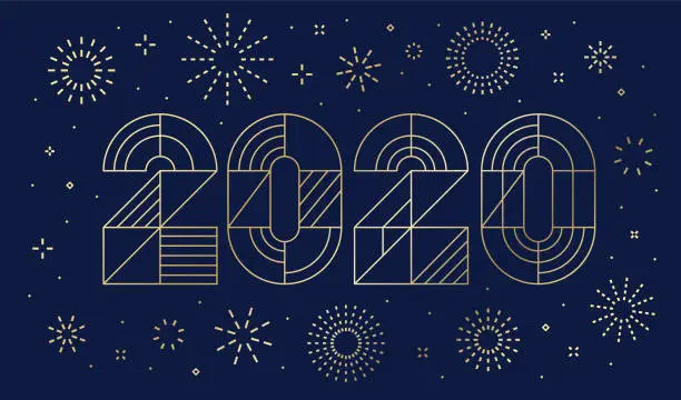Vector illustration of New Year's day card 2020 with fireworks