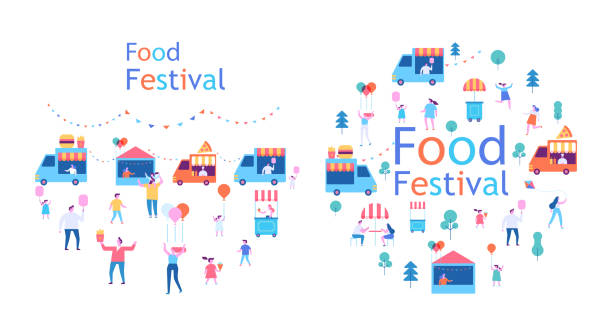 Summer food festival. Food street fair, family festival. People walking, riding bicycle, eating street food, have fun together. Flat vector poster and banner colorful design. block party stock illustrations