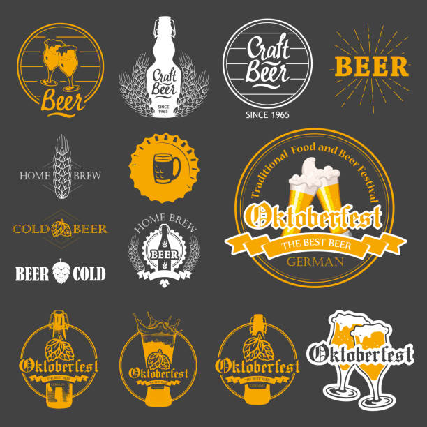 Vector Illustration with beer pub logo and labels. Simple symbols glass, bottle. Traditions of drink. Decorative elements for your design. Black white style. Vector Illustration with beer pub logo and labels. Simple symbols glass, bottle. Traditions of drink. Decorative elements for your design. Black white style. oktoberfest stock illustrations