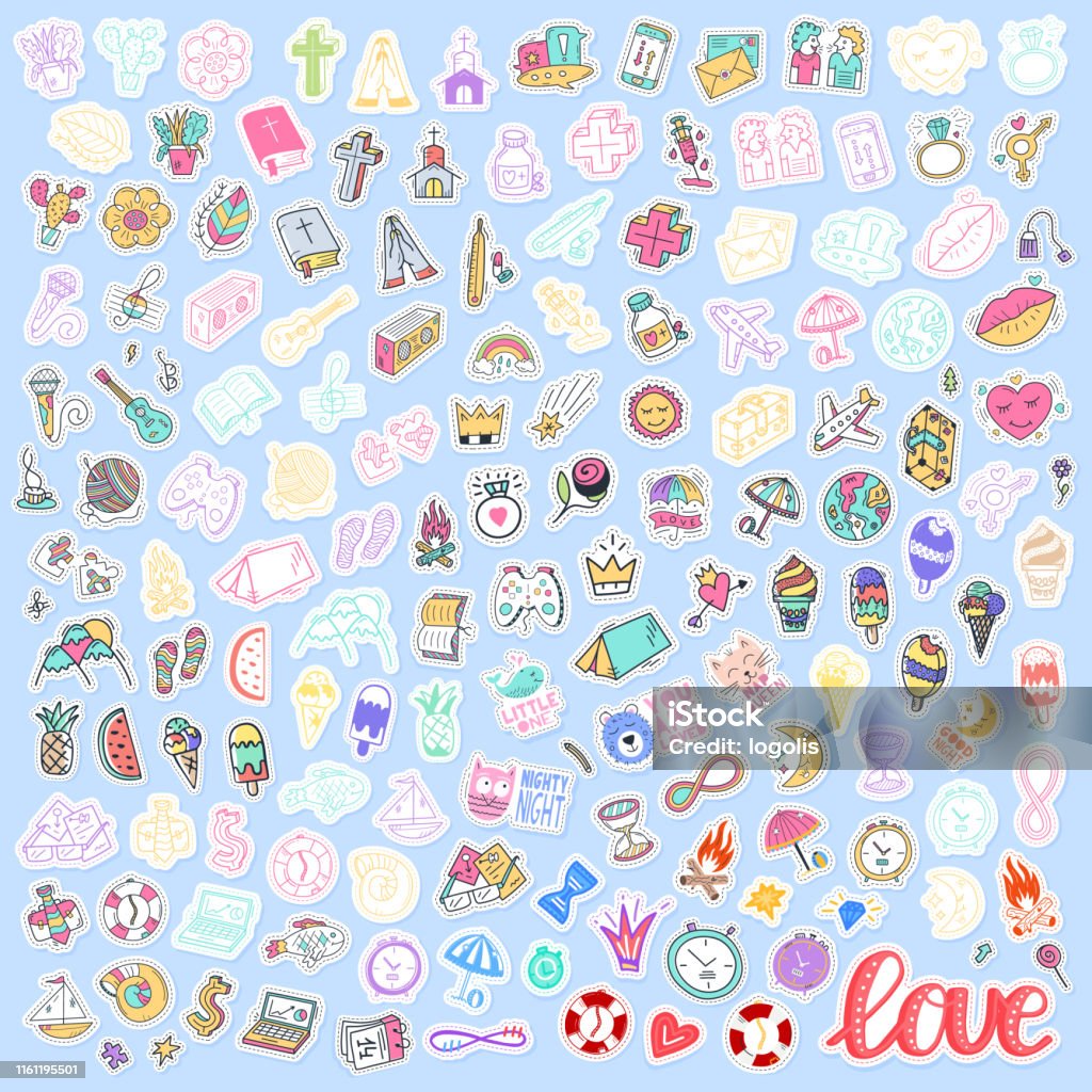 Mega Set Of Different Element Stickers Love Religion Travel Patches And  Handwritten Collection In Cartoon Style Funny Greetings For Clothes Card  Badge Icon Postcard Banner Tag Print Stock Illustration - Download Image