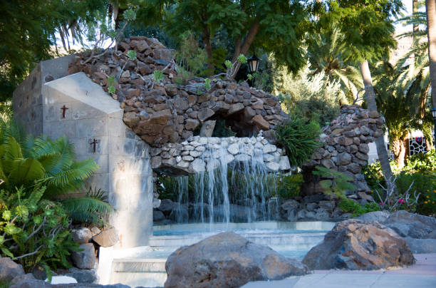 View on Waterfall in public park in Santa Lusia village, Gran Canary, Spain,