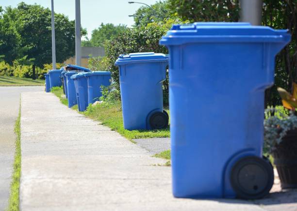 Lifestyle, " Re-Cycling Blue Boxes, and High Density Housing " Lifestyle...This shot, along a suburban sidewalk, shows re-cycling blue boxes, waiting to be emptied, and suggests an area of very high density housing. recycling bin photos stock pictures, royalty-free photos & images