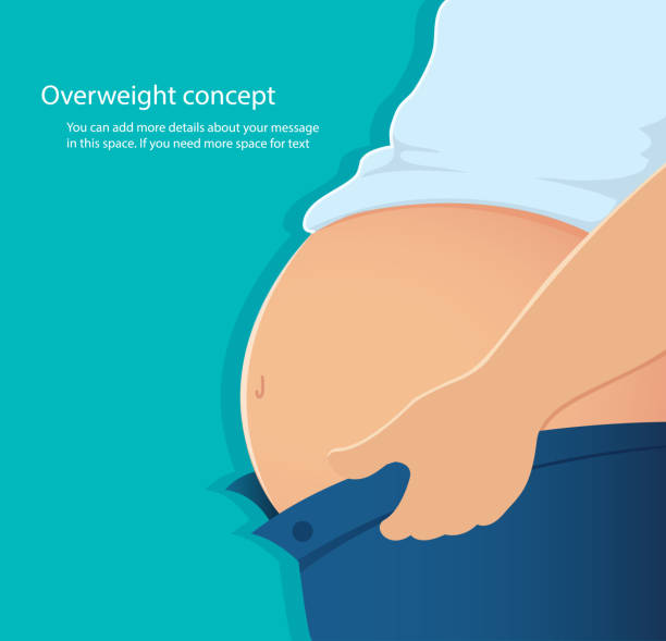 konsep kelebihan berat badan, ilustrasi vektor lemak perut - big size woman asian ilustrasi stok