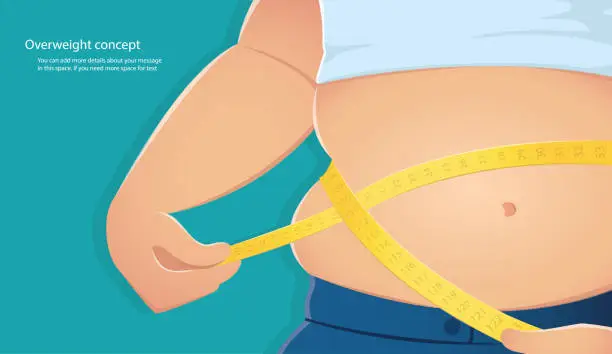 Vector illustration of overweight, fat person use scale to measure his waistline with blue background vector illustration eps10