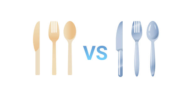 plastic vs stainless steel spoon fork and knife cutlery set zero waste concept flat white background vector art illustration