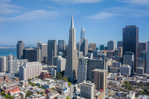 San Francisco skyline panorama. Aerial view of downtown San Francisco. Downtown San Francisco aerial view of skyscrapers