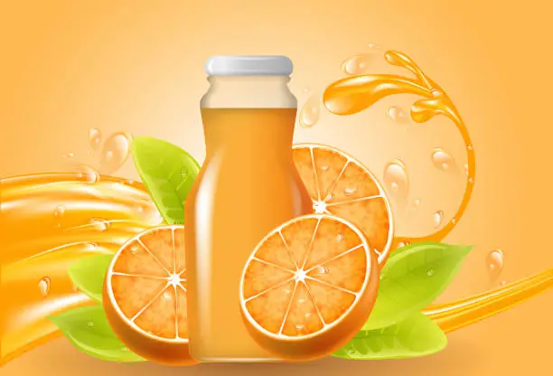 Vector illustration of Orange juice bottled drink with fresh fruits and splashing liquid, Natural Product Concept, vector illustration