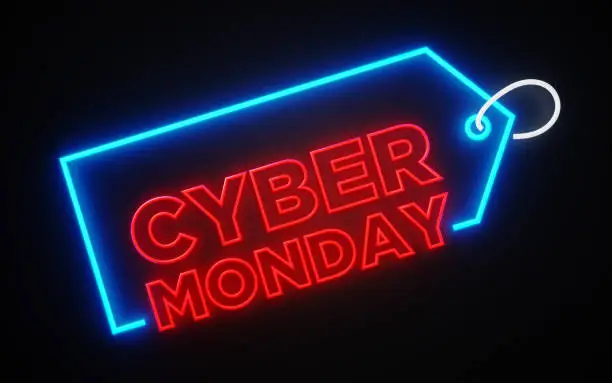 Photo of Neon Price Tag with Cyber Monday Text Inside on Black