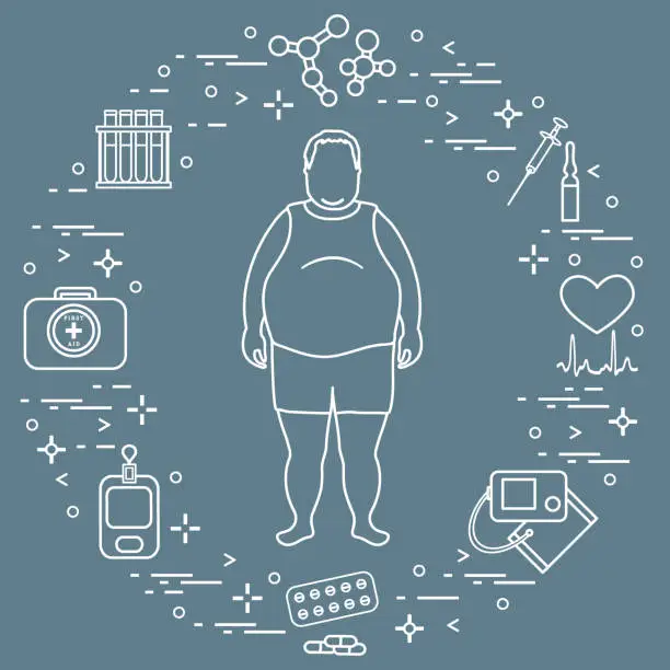 Vector illustration of Fat man with medical devices, tools and drugs around him. Health and treatment.