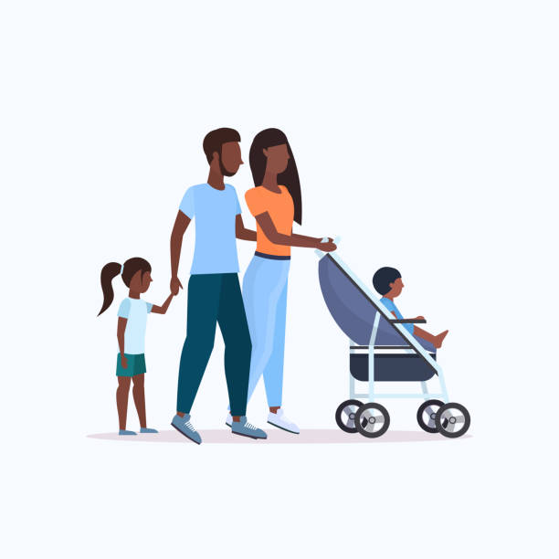 ベビーカーで娘と幼児の息子を持つ両親は、屋外アフリカ系アメリカ人の家族の親の概念完全な長さを歩いて歩きます - ベビーカー点のイラスト素材／クリップアート素材／マンガ素材／アイコン素材
