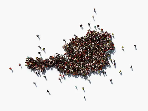 Human crowd forming a big Austria map on white background. Horizontal  composition with copy space. Clipping path is included. Population and Social Media concept.