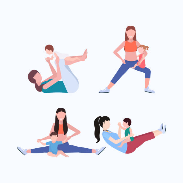 set mother and kid doing different physical exercises sportswoman engaged in fitness or yoga with baby healthy lifestyle concept flat full length set mother and kid doing different physical exercises sportswoman engaged in fitness or yoga with baby healthy lifestyle concept flat full length vector illustration baby squatting stock illustrations