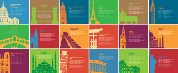 set von bannern mit verschiedenen historischen stätten - travel map famous place europe stock-grafiken, -clipart, -cartoons und -symbole