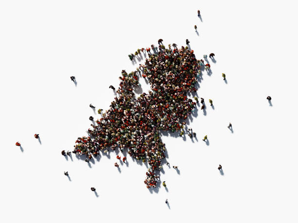 Human crowd forming a big Holland map on white background. Horizontal composition with copy space. Clipping path is included. Population and Social Media concept.