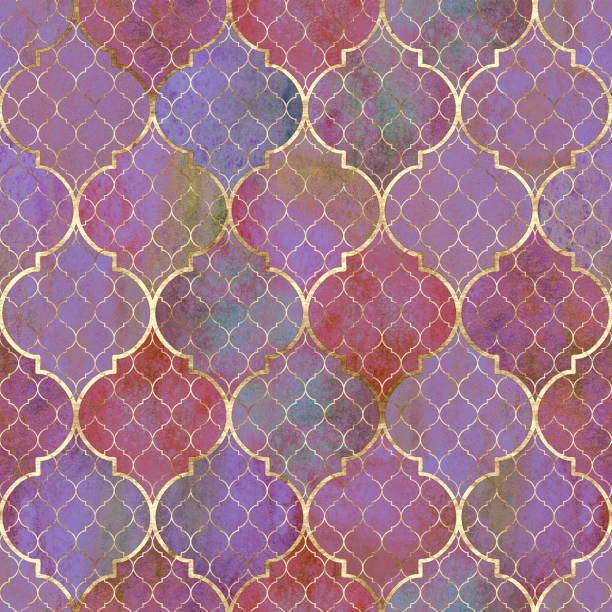 aquarell abstrakte geometrische nahtlose muster. arabische fliesen. kaleidoskop-effekt. aquarell-mosaik - backgrounds green pink silk stock-grafiken, -clipart, -cartoons und -symbole