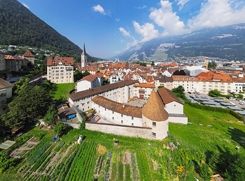 Panorama of Chur old town, with state Prison Sennhof in foreground, Switzerland.
