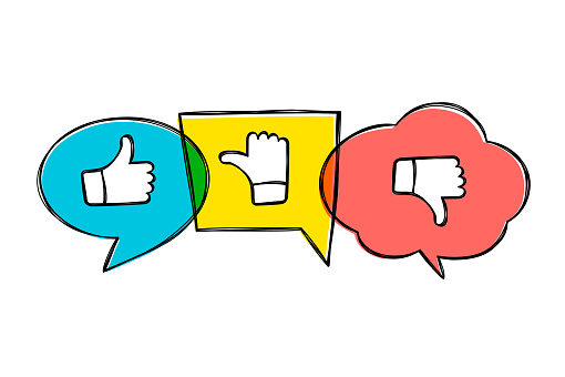 Hand drawn green, red and yellow speech bubbles with thumbs up and down. Like, dislike and undecided icons in sketchy style.  Pointing gesture hands. Feedback concept.