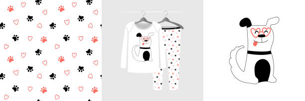 Seamless pattern and illustration Seamless pattern and illustration for kid with dog and paw. Cute design pajamas on hanger. Baby background for clothes, room birthday decor, t-shirt print, wear fashion, invitation card, wrapping funny birthday dog stock illustrations