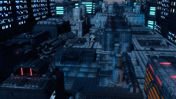 istock 3d rendering. Futuristic city and spaceships 1161205414