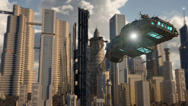 istock 3d rendering. Futuristic city and spaceships 1161205522