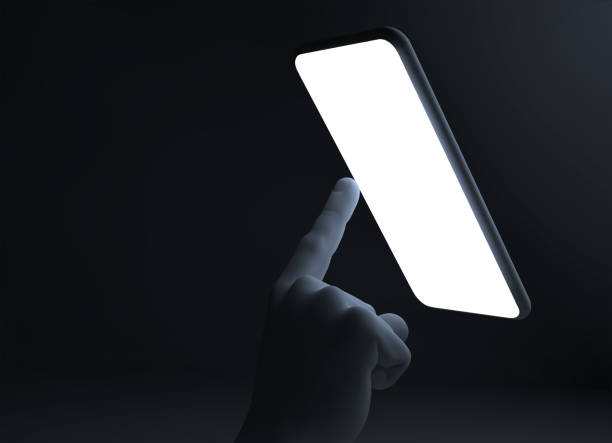 istock 3D rendering - view of hand man finger tapping smart-phone with white light in dark space or room 1161206040