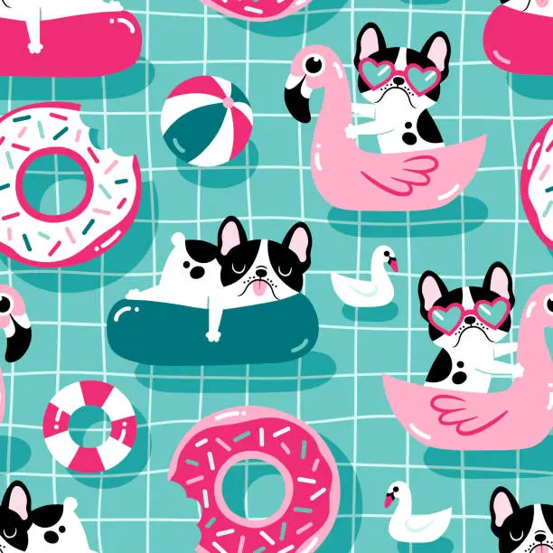 Vector illustration of Cute dogs with pool floats in a swimming pool.