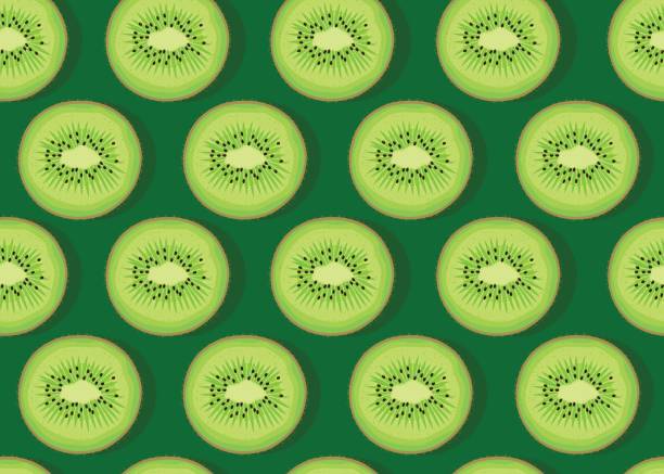 ilustrações de stock, clip art, desenhos animados e ícones de kiwi fruit piece seamless pattern with shadow on emerald green background, vector illustration - kiwi