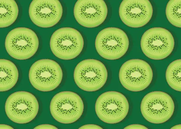 Vector illustration of Kiwi fruit piece seamless pattern with shadow on emerald green background, Vector illustration