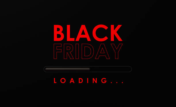 Black Friday Loading on Black Background Loading bar with red Black Friday text on black background. Horizontal composition with copy space. black friday sale banner stock pictures, royalty-free photos & images